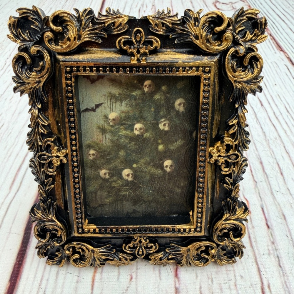 Handmade Gothic Skull Tree Decoupage Art Ornate Black Gold Resin Frame